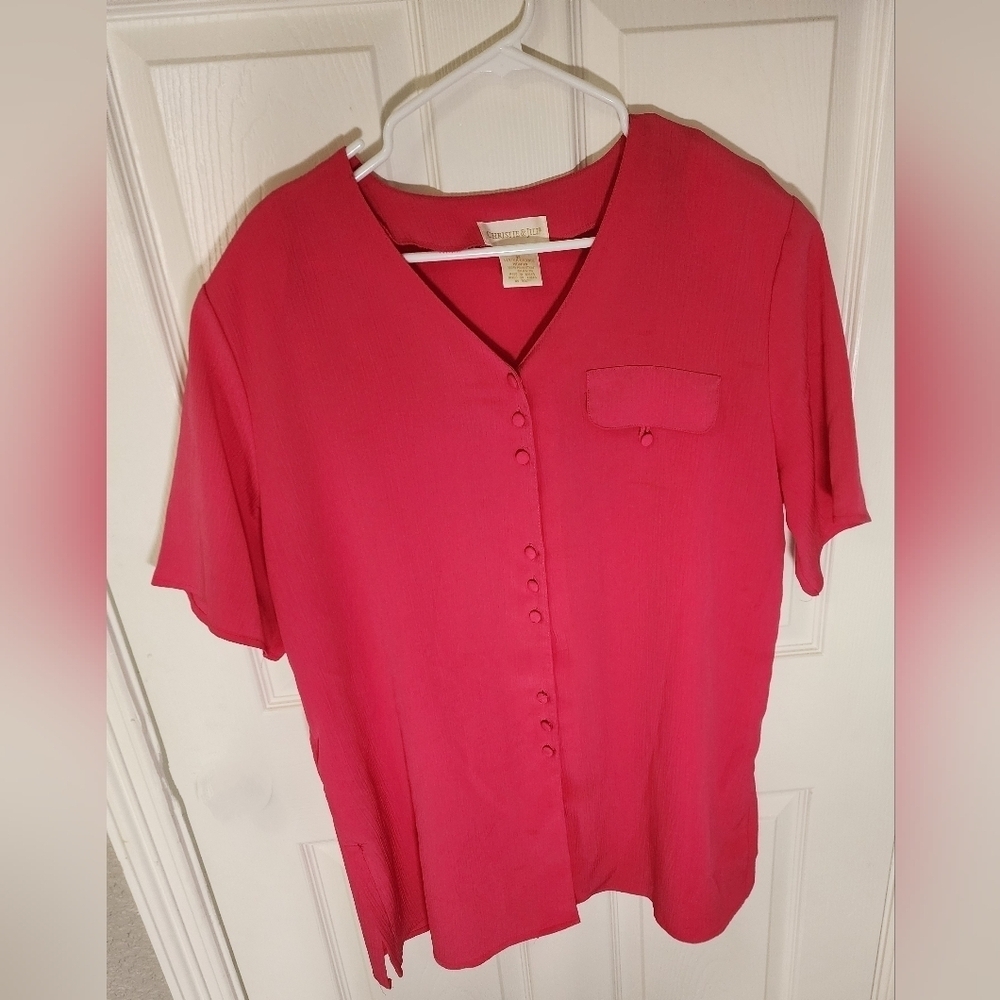 Christie and Jill 1X Womens Button Up Pink Blouse
